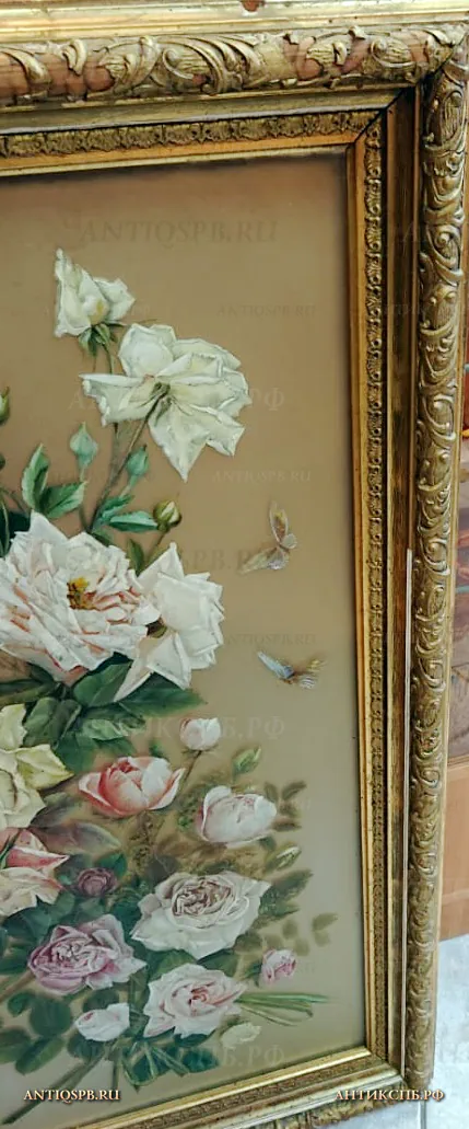 Картины старинные парные "Сирень и птицы", "Букет роз и бабочки". Роспись маслом по стеклу. Нач. ХХ века. №21300/21917